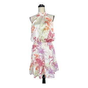Sweet Lemon Floral Satin Halter Mini Dress Ivory with Pink & Orange Blooms Sz L